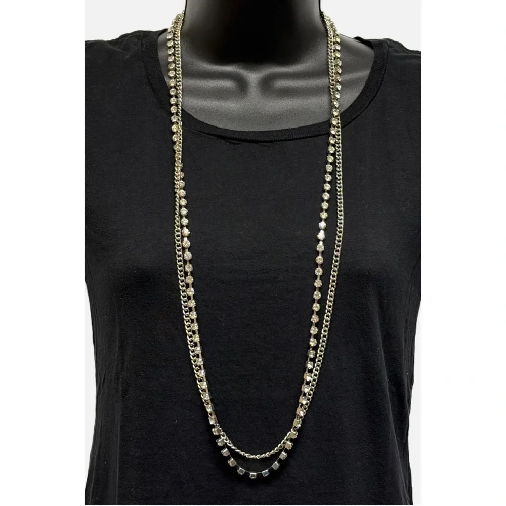 Chico’s Layered Long Necklace Silver Tone Chain & Clear Rhinestones